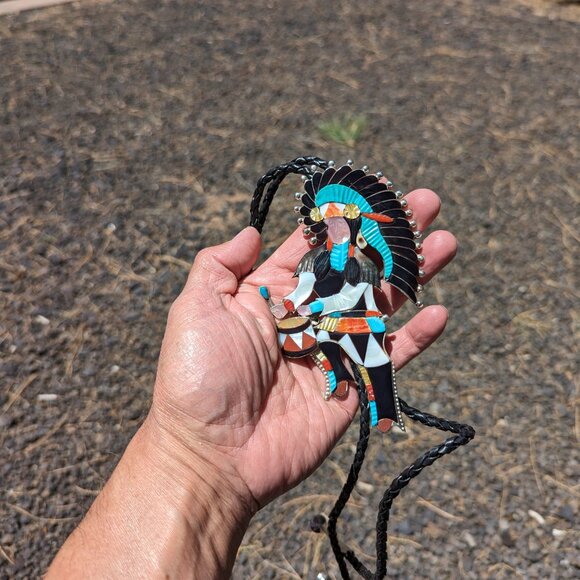 Bolo Tie Zuni Native American Sterling Silver Inlay Rare Chief‎ Ceremonial *** - Picture 5 of 12
